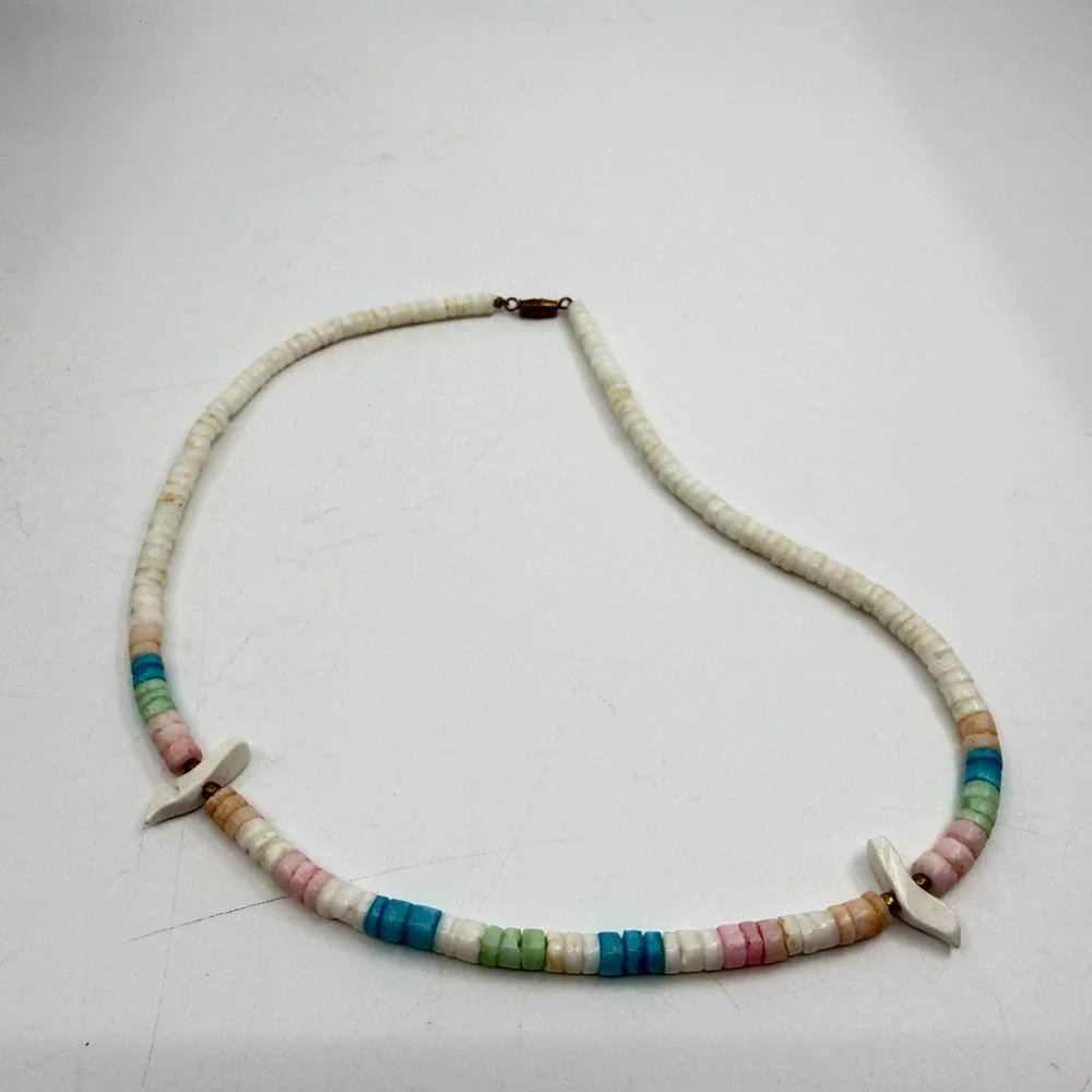 Pastel Heishi Bead Bird Necklace White Blue Pink Boho Coastal Statement Gift
